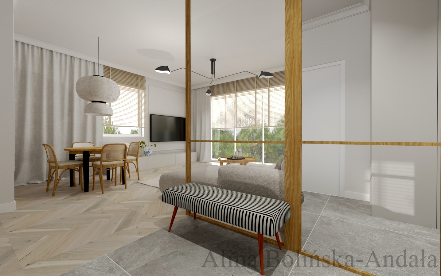 Wizualizacja salonu z jadalnią, drewniana podłoga w jodełkę, szara sofa, ławka w czarno-białe paski na czerwonych nóżkach, stół z krzesłami z rattanu, lampa wisząca i podział pomieszczenia...