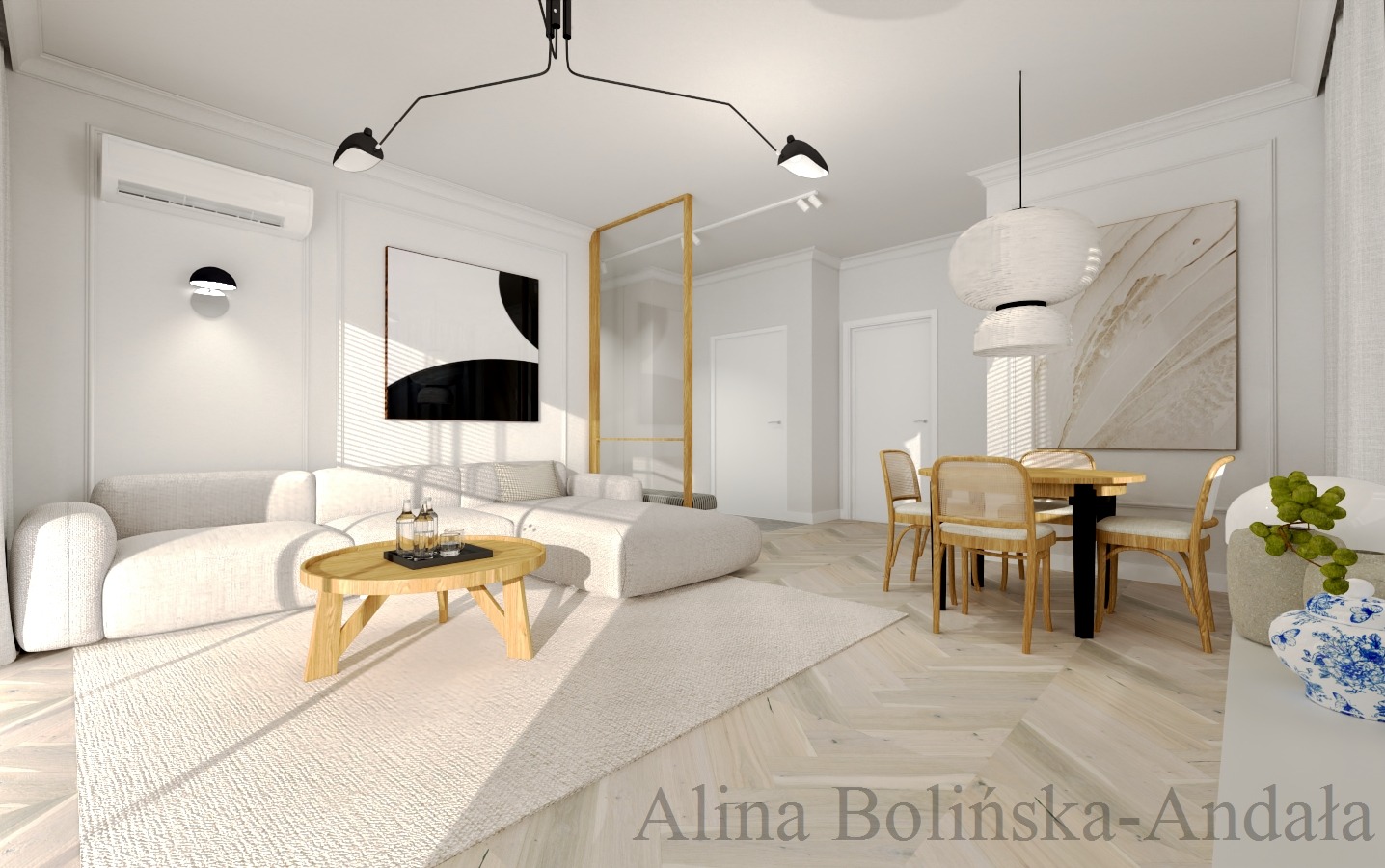 Jasne, przestronne wnętrze mieszkania z drewnianą podłogą w jodełkę, sofą modułową, okrągłym stolikiem kawowym z napojami, stołem jadalnym z krzesłami z rattanu i nowoczesnym oświetleniem.