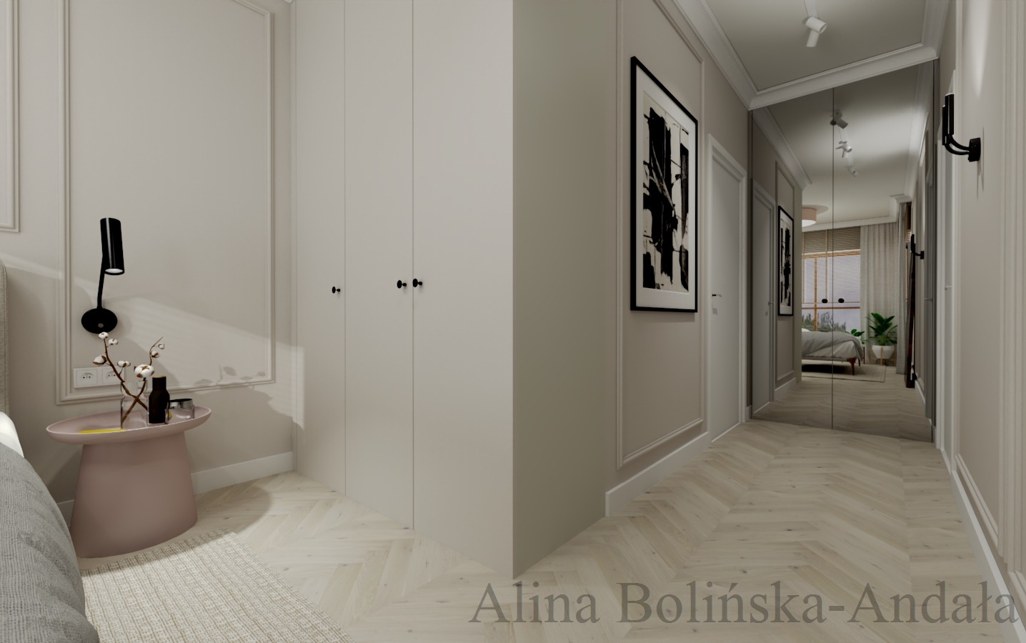Korytarz w jasnych barwach z parkietem w jodełkę, szafa w zabudowie, stolik nocny z lampką i dekoracją, lustrzane ściany powiększające przestrzeń.
