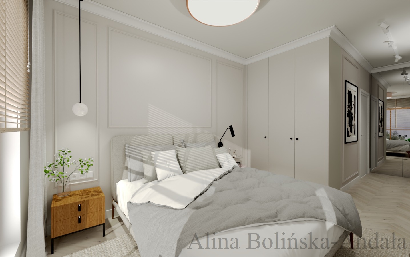 Wizualizacja sypialni w jasnych, stonowanych barwach z łóżkiem z szarą pościelą, drewnianą szafką nocną i minimalistycznym oświetleniem, widoczne drzwi do garderoby z lustrem.