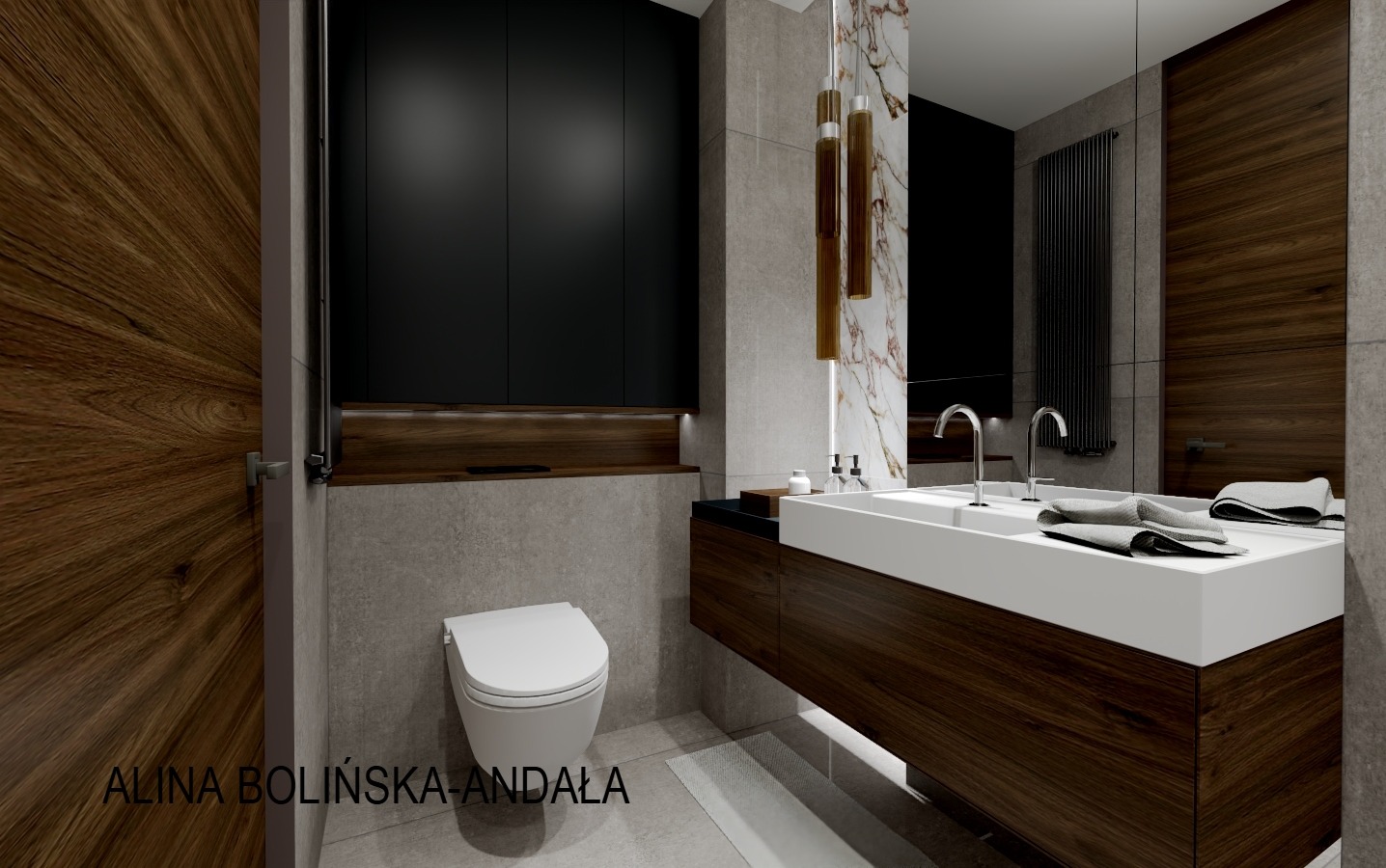 Wizualizacja nowoczesnej łazienki z drewnianymi akcentami, czarnymi szafkami i marmurową ścianą, oświetleniem punktowym i minimalistyczną umywalką z dwiema bateriami.