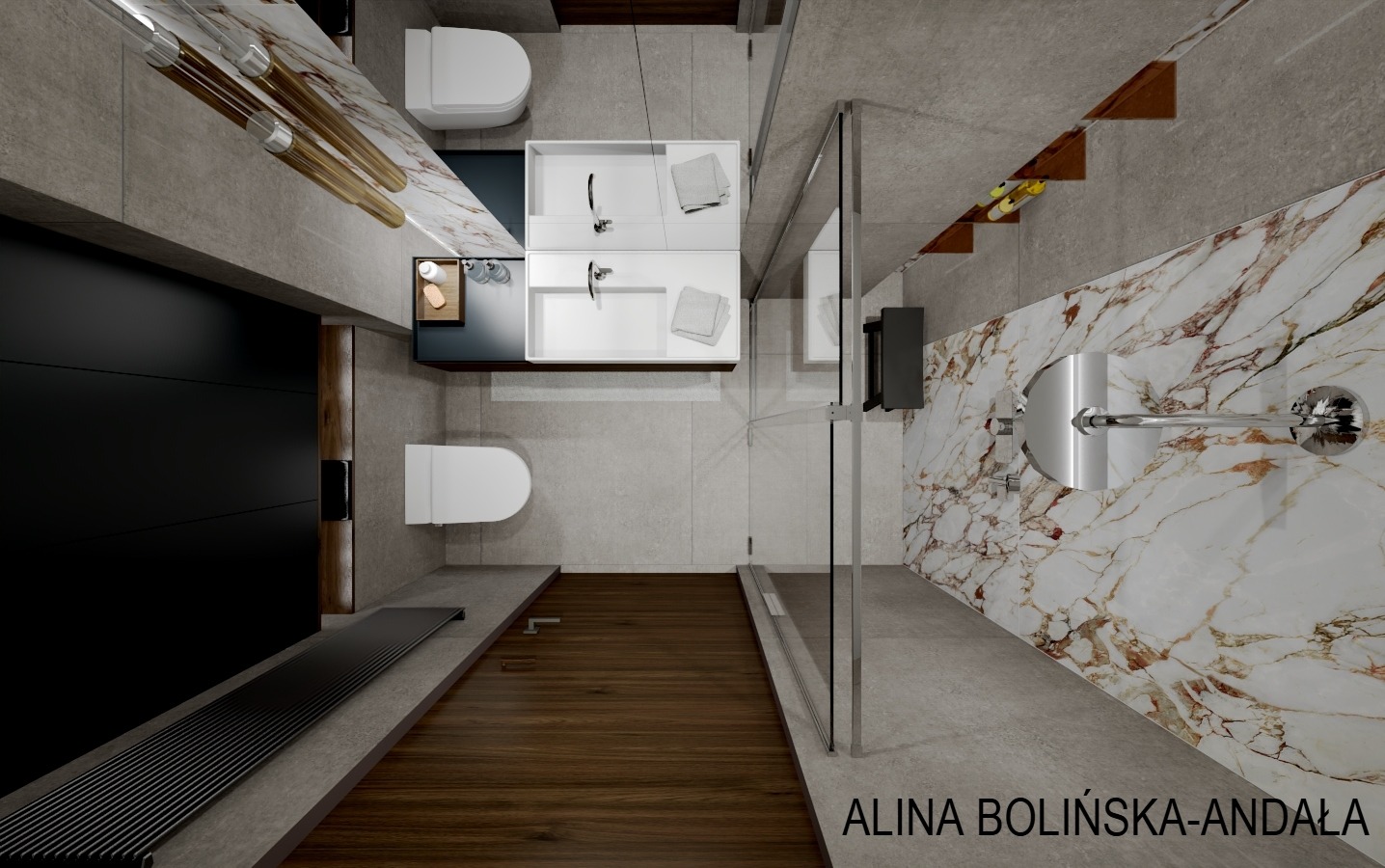 Wizualizacja łazienki z widokiem z góry, ukazująca dwie toalety, dwie umywalki, kabinę prysznicową oraz grzejnik podłogowy, z akcentami marmuru i drewna.