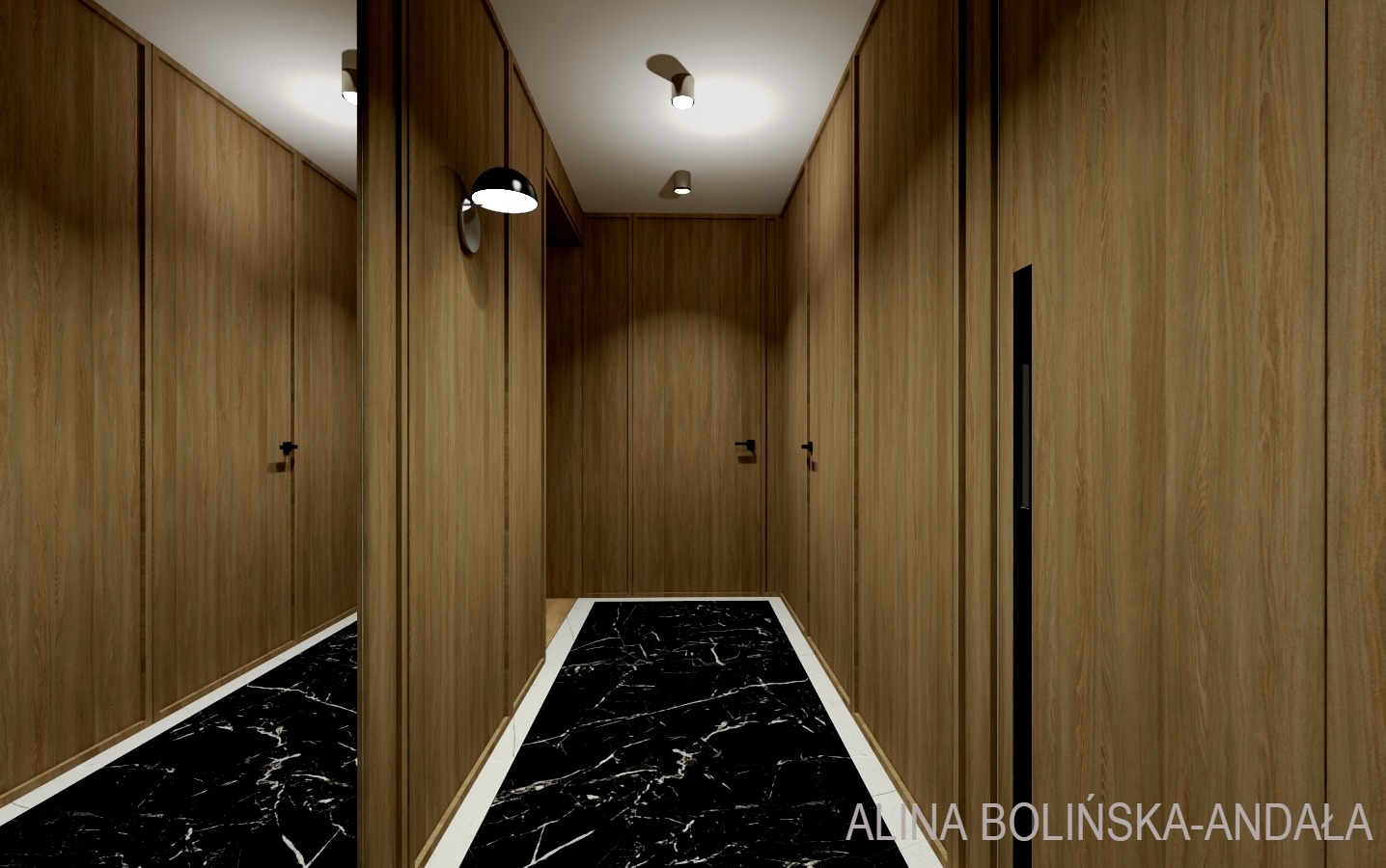 Korytarz z zabudową szaf z drewnianymi frontami, czarna marmurowa podłoga z białymi żyłami, oświetlenie punktowe na suficie i kinkiet na ścianie.
