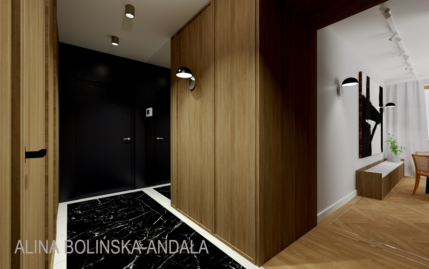 Wizualizacja korytarza z czarno-białą marmurową podłogą, drewnianą zabudową szafy i widokiem na salon z obrazem i rośliną.