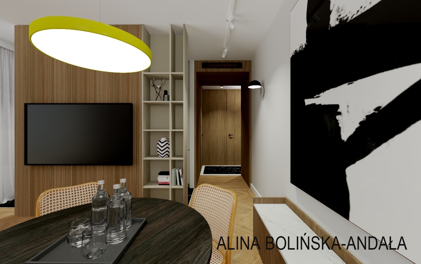 Wizualizacja salonu z jadalnią: okrągły stół z rattanowymi krzesłami, nowoczesna lampa w kolorze limonki, telewizor na drewnianej ścianie, regał z dekoracjami, abstrakcyjny obraz na ścianie, wąski...