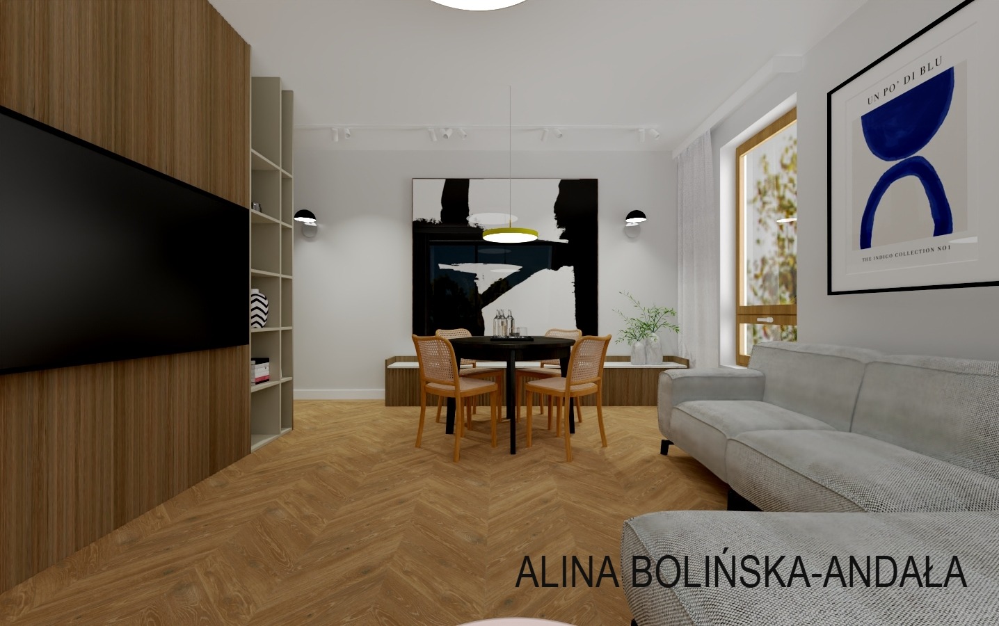 Wizualizacja wnętrza salonu z jadalnią: parkiet w jodełkę, szara sofa, czarny stół z rattanowymi krzesłami, abstrakcyjny obraz w czerni i bieli, plakat w niebieskiej tonacji.