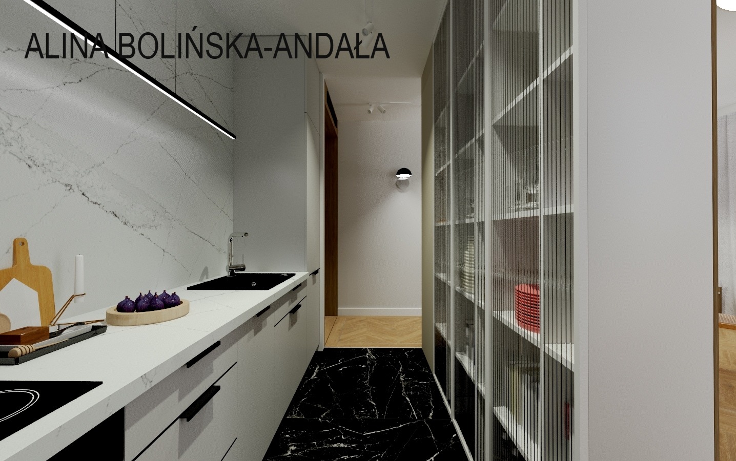 Wizualizacja nowoczesnej kuchni z białymi szafkami, blatem z imitacją marmuru, czarną podłogą, oświetleniem LED i przeszkloną szafą z dekoracjami.