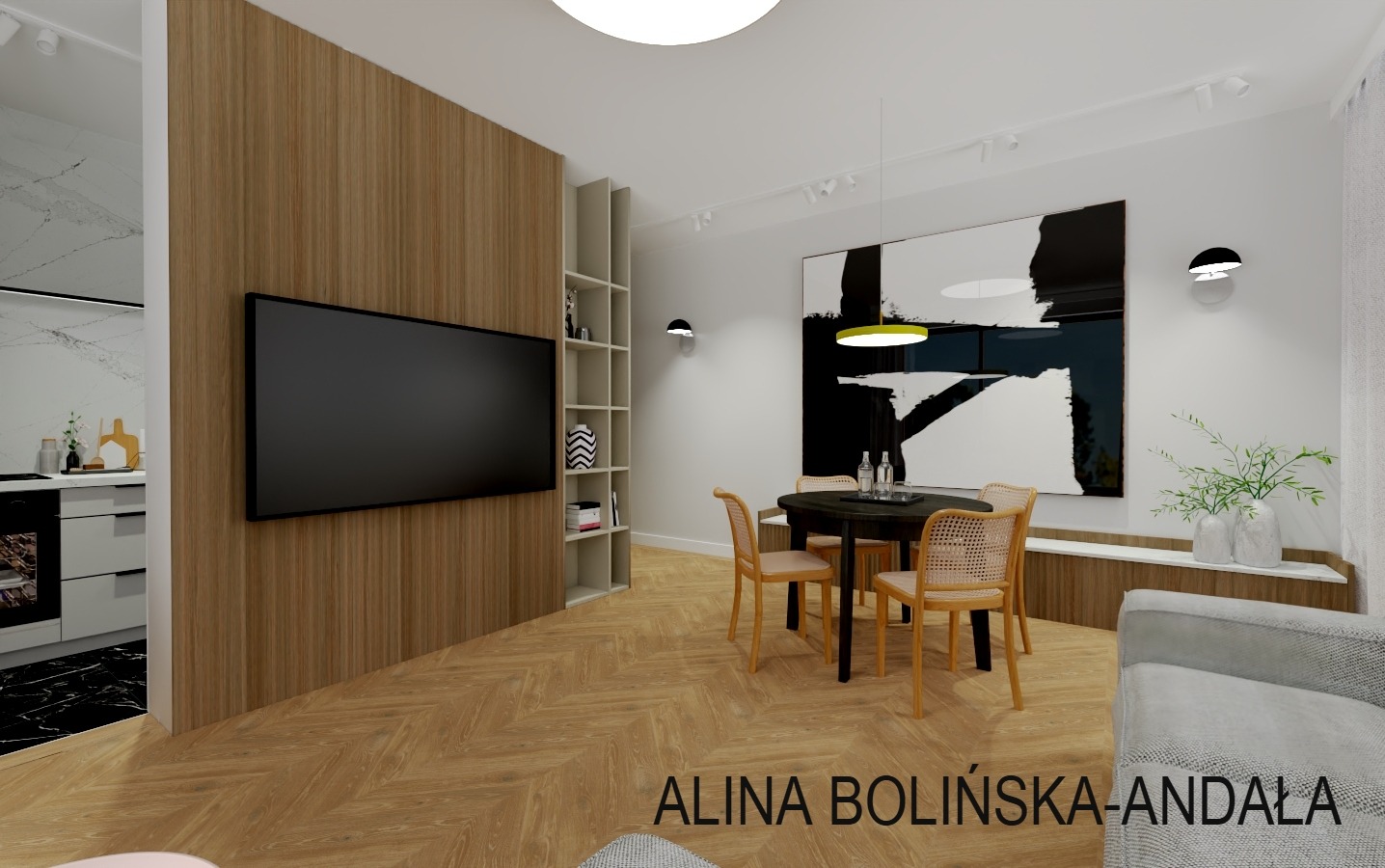 Wizualizacja salonu z drewnianą ścianą z telewizorem, stołem z krzesłami, regałem i abstrakcyjnym obrazem na ścianie.