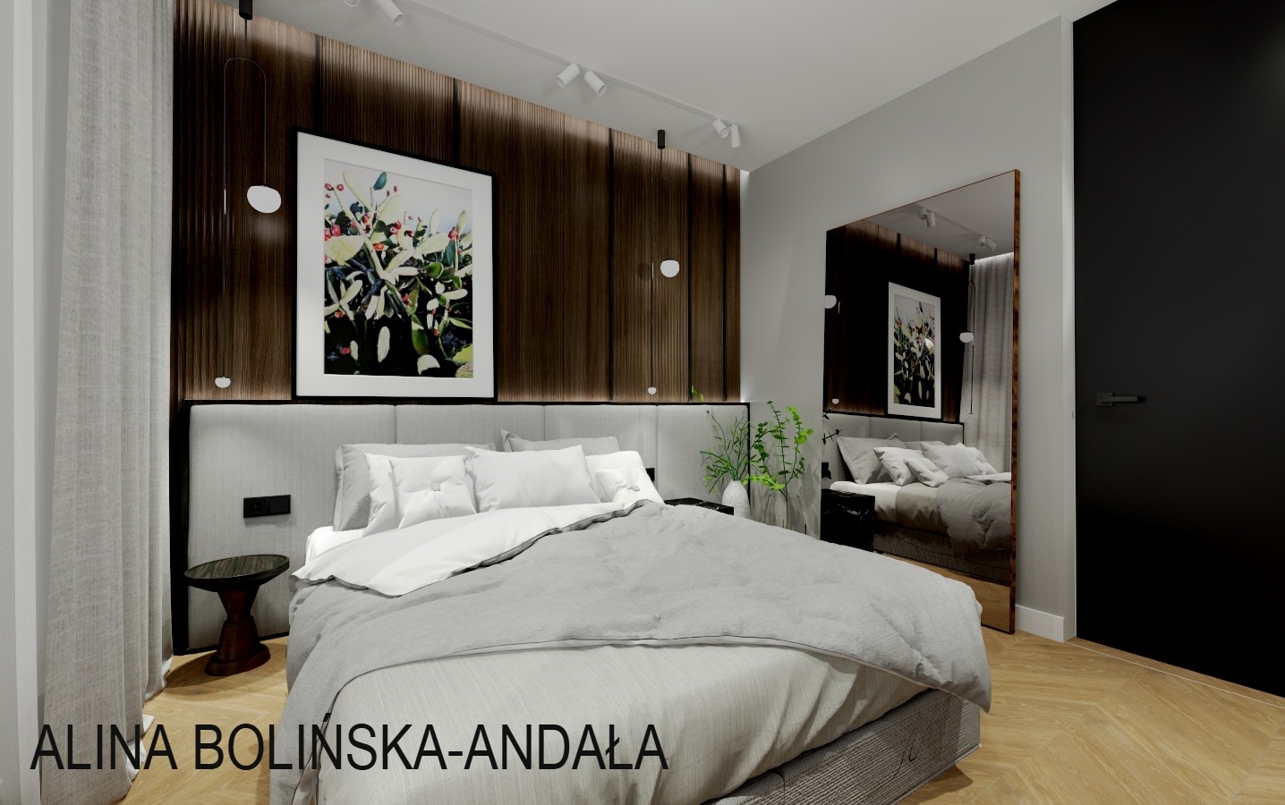 Nowoczesna sypialnia z drewnianą ścianą, dużym łóżkiem z szarą pościelą, obrazem w białej ramie i czarnymi akcentami, w tym drzwi i stolik nocny.
