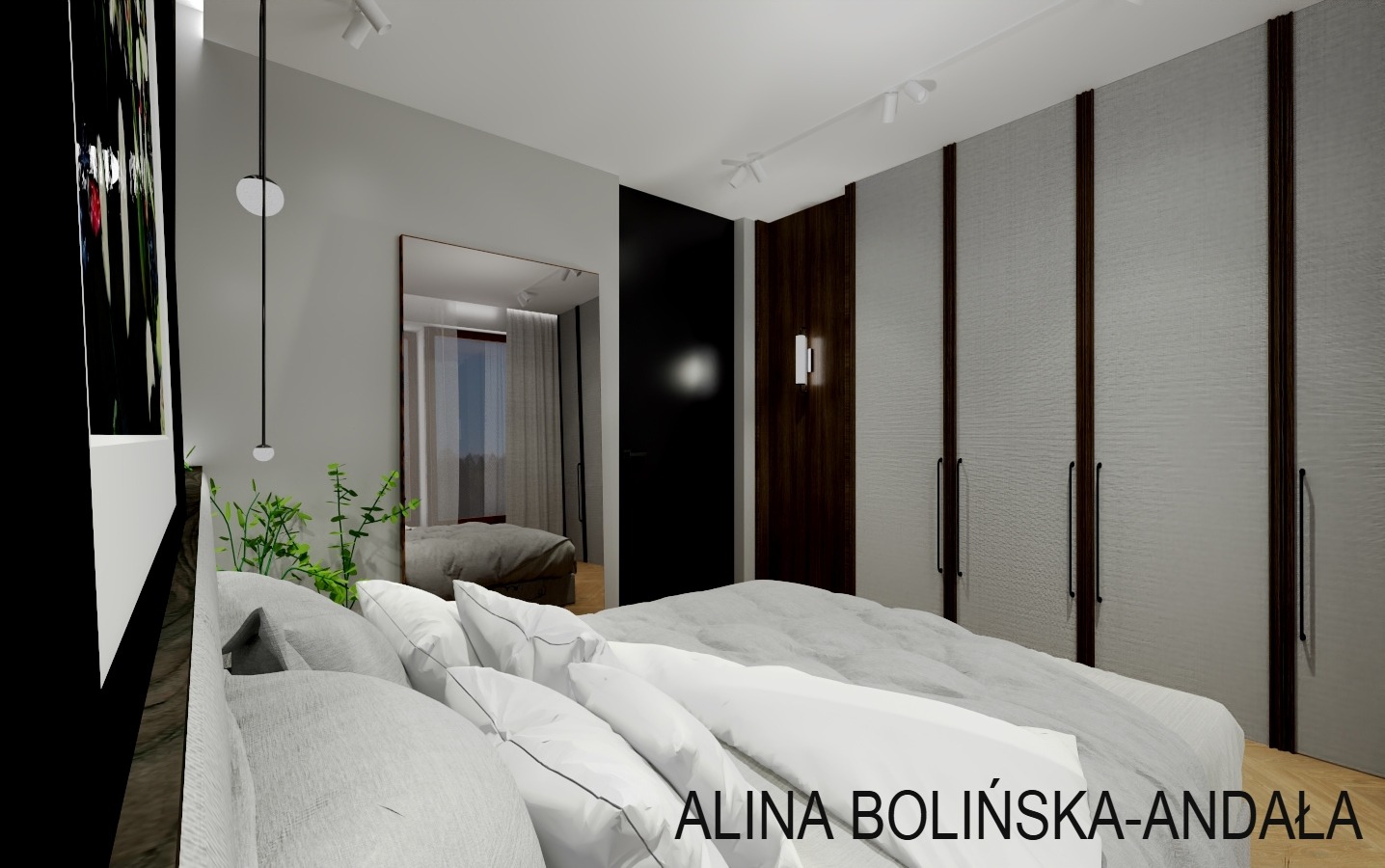Wizualizacja sypialni z łóżkiem z szarą pościelą, lustrem na ścianie, roślinami i szafą z ciemnymi obramowaniami drzwi.