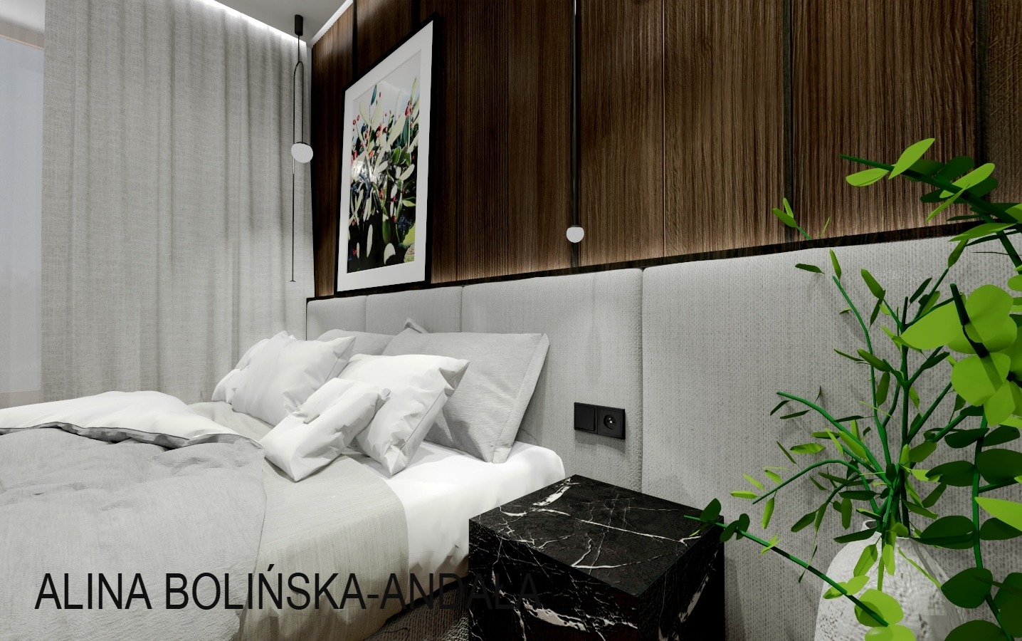 Nowoczesna sypialnia z łóżkiem z szarą tapicerowaną ramą, marmurowym stolikiem nocnym i drewnianą ścianą akcentującą z wiszącymi lampami.