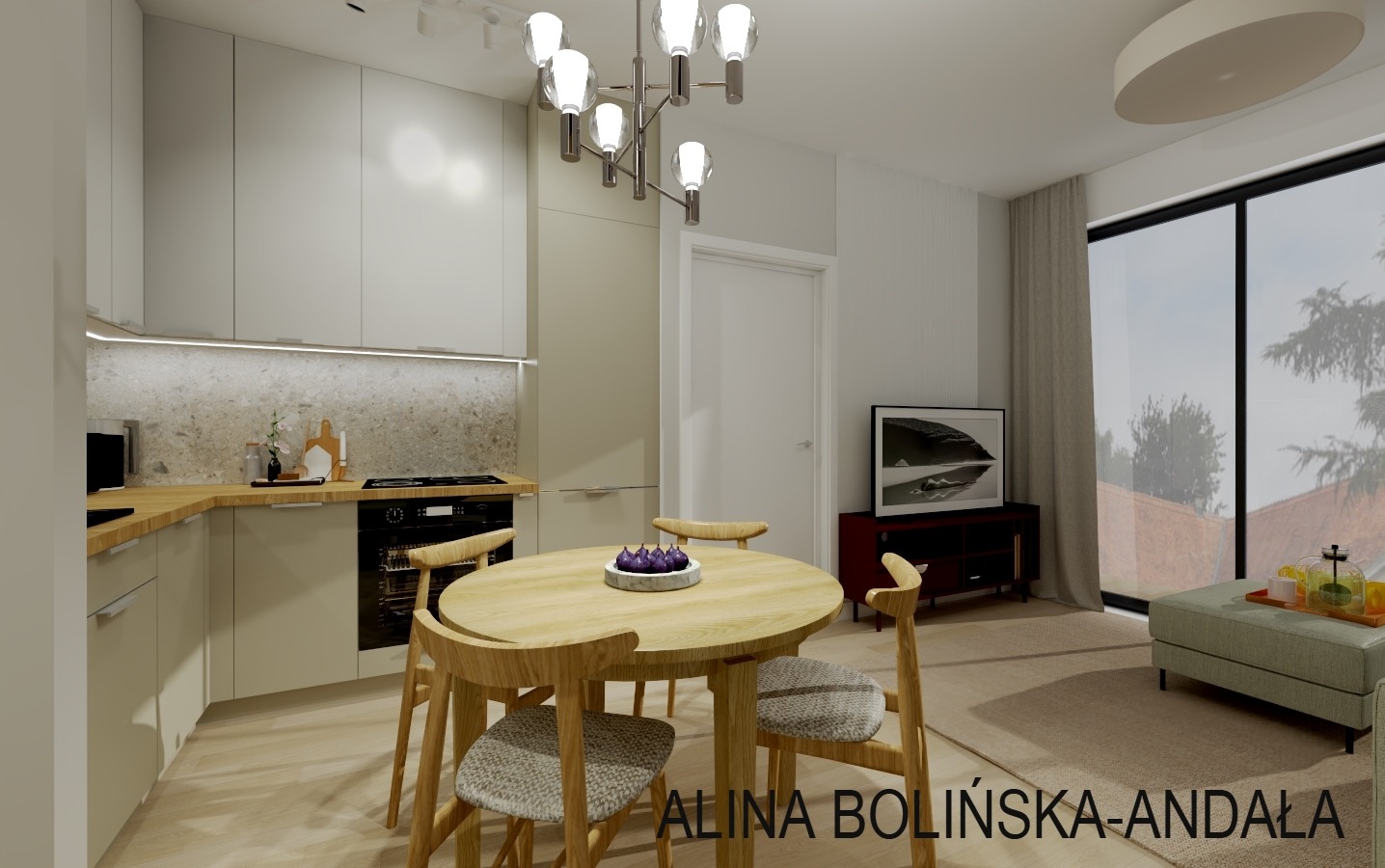 Wizualizacja wnętrza: kuchnia z drewnianym stołem i krzesłami, nowoczesna lampa wisząca, minimalistyczne szafki kuchenne w odcieniach beżu, okno z widokiem na zieleń, dekoracyjne owoce na stole.