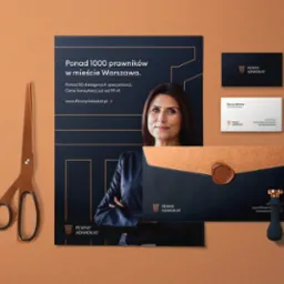 Zestaw materiałów reklamowych 'Pewny Adwokat' z kobietą na plakacie, wizytówką, kopertą z pieczęcią i nożyczkami na brązowym tle.