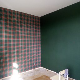 Svitlana REM - Pokój po odnowieniu: jedna ściana w kratę szkocką, druga pomalowana na ciemnozielono, widoczny fragment podłogi i krzesło z szarą szmatką.
