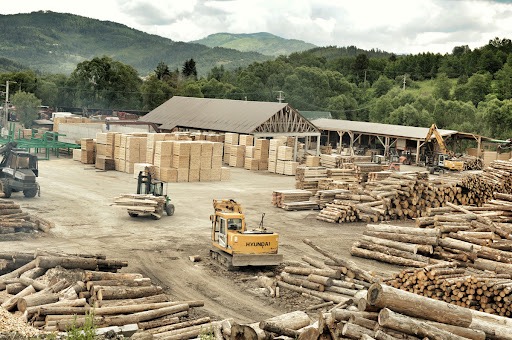 Szeroki kadr na skład drewna z maszynami w pracy: wózki widłowe transportują drewno, a koparka stoi w gotowości na tle gór i zalesionych wzgórz.
