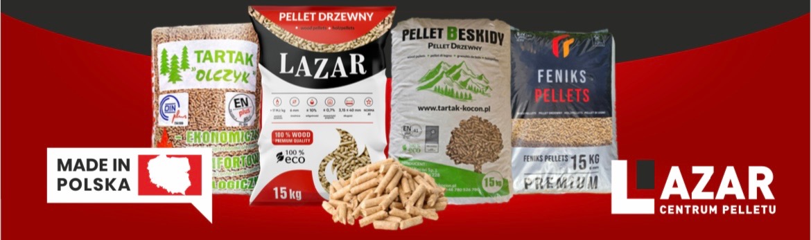 Prezentacja czterech worków z pelletem różnych producentów (Tartak Olczyk, Lazar, Pellet Beskidy, Feniks Pellets) z wysypanym pelletem na pierwszym planie, na czerwonym tle z logo firmy Azar.