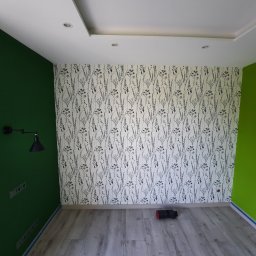 Paweł Tumel - Wnętrze pokoju po remoncie: ściana w zielonym kolorze, ściana w białe wzory roślinne, szara podłoga. Widoczna lampa i gniazdka elektryczne.
