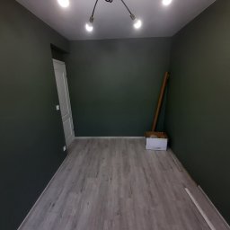 Paweł Tumel - Pusty pokój po remoncie: szare panele podłogowe, ciemnozielone ściany, białe drzwi i nowoczesna lampa sufitowa z kilkoma żarówkami. Minimalistyczne wykończenie.