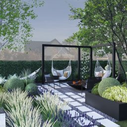 Kącik wypoczynkowy, projekt ogrodu nowoczesnego, Zabrze, woj. śląskie