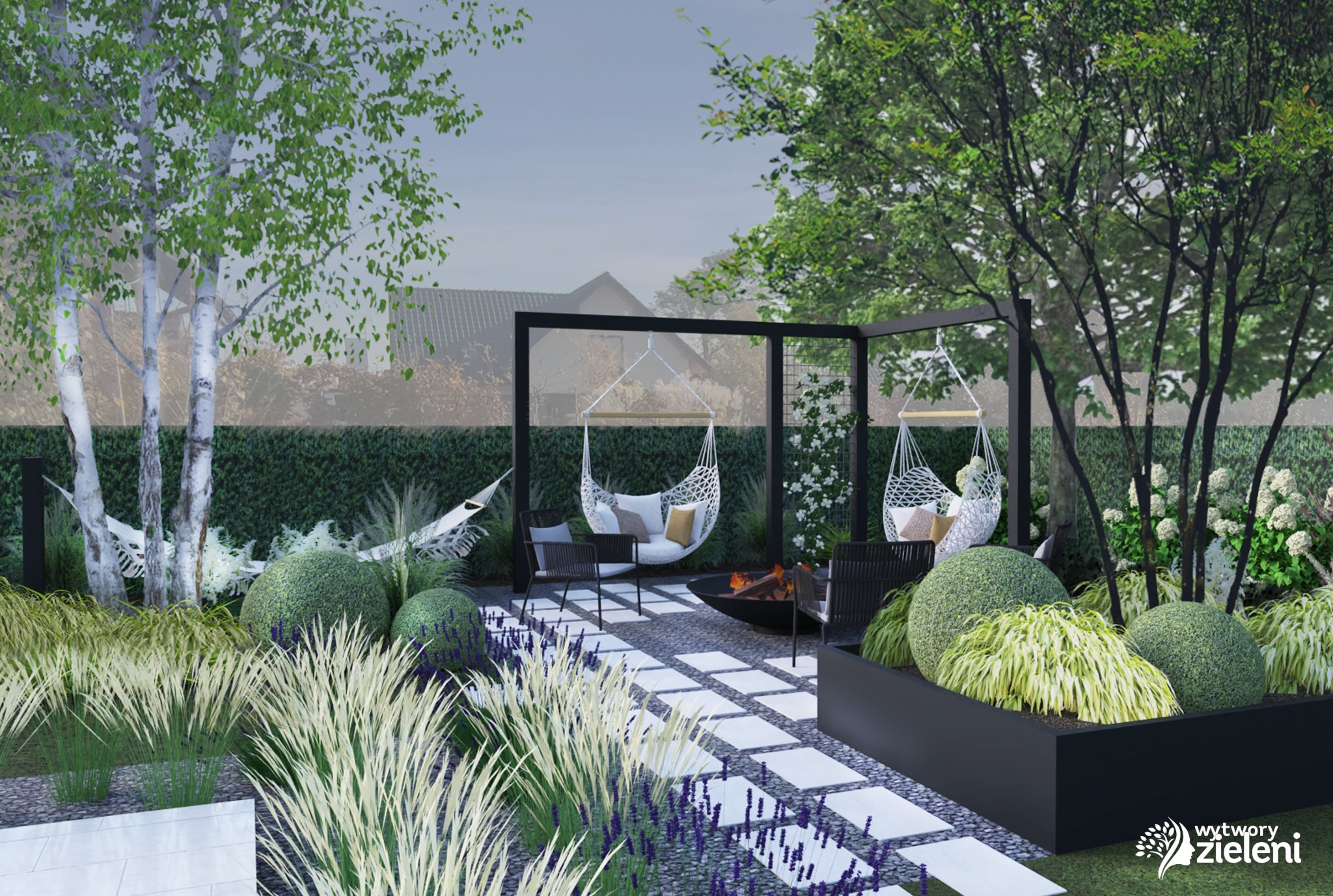 Kącik wypoczynkowy, projekt ogrodu nowoczesnego, Zabrze, woj. śląskie