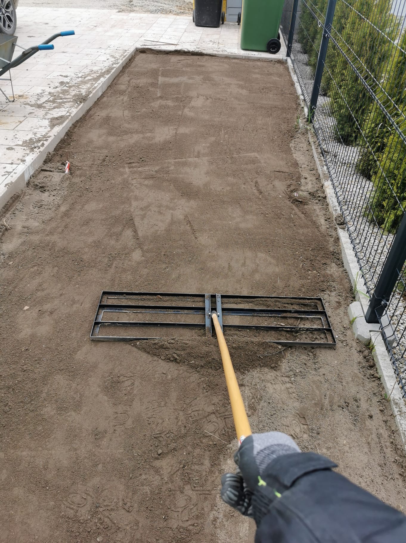 Przygotowanie podłoża pod trawnik: Ręka z grabiami wyrównuje ziemię na działce, widoczny fragment ogrodzenia i kostka brukowa. Prace ogrodnicze w toku.