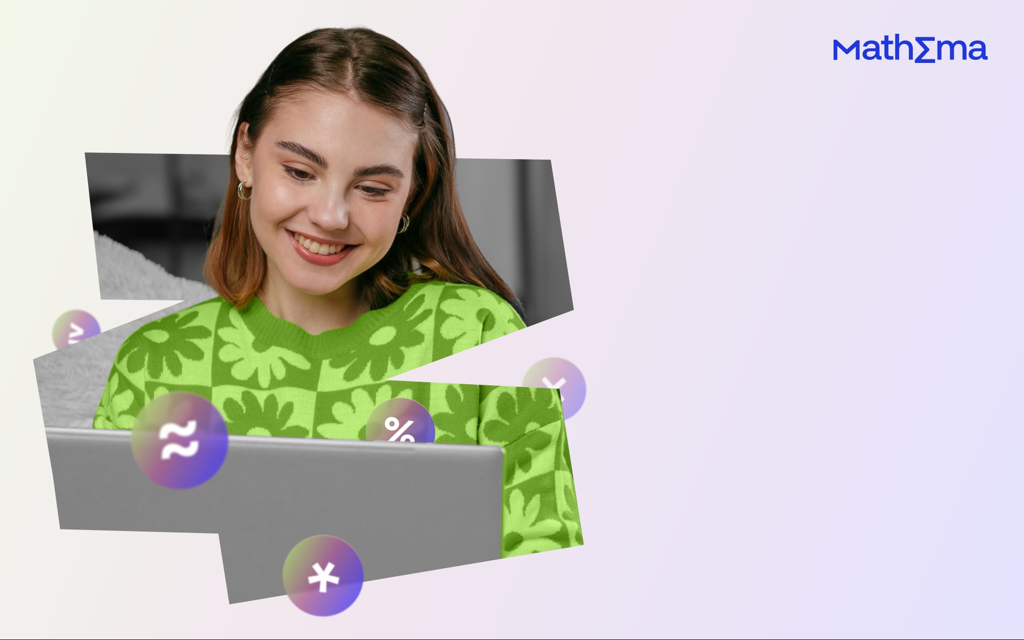 Uśmiechnięta młoda kobieta w zielonym swetrze z kwiatami korzysta z tabletu, otoczona ikonami symboli matematycznych na jasnym tle.