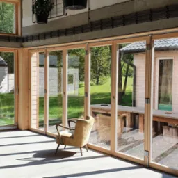 Jasne wnętrze z dużymi przesuwnymi oknami drewnianymi, z widokiem na zielony ogród i budynki gospodarcze, oświetlone promieniami słońca padającymi na betonową podłogę.