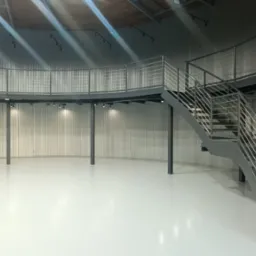 Wnętrze okrągłego pomieszczenia z antresolą i metalowymi schodami z balustradami ze stali nierdzewnej, oświetlone punktowymi lampami.