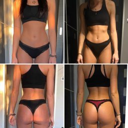 Trener personalny Wrocław Marcin Czarnecki - Kolaż zdjęć sylwetki kobiety w bieliźnie sportowej przed i po, widoczne zmiany w kształcie brzucha i pośladków, z uwzględnieniem oświetlenia i kąta ujęcia.