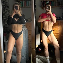 Trener personalny Wrocław Marcin Czarnecki - Porównanie sylwetki kobiety przed i po treningu, widoczne zmiany w definicji mięśni brzucha i nóg, selfie w lustrze z telefonem w dłoni.