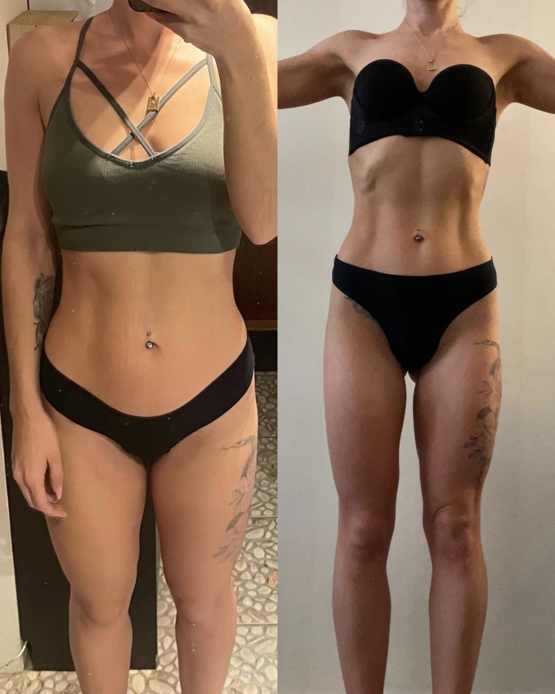 Zdjęcie typu 'przed i po' przedstawiające sylwetkę kobiety w bieliźnie, z widocznym zarysem mięśni brzucha i ud, z tatuażami na udach i ramieniu, z różnicą w postawie i ubiorze między lewą i prawą...
