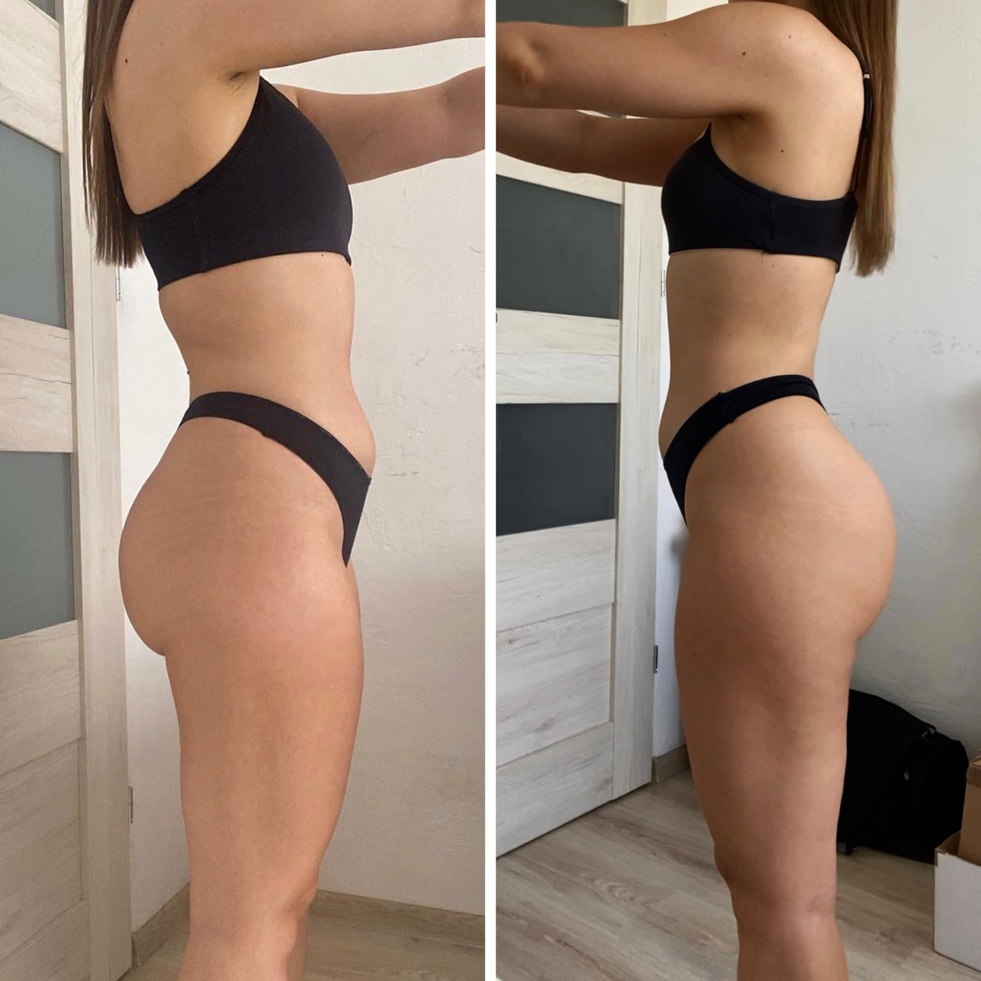 Zdjęcie 'przed i po' prezentujące efekty modelowania sylwetki, widok z profilu na kobietę w sportowej bieliźnie na tle ściany i drzwi, wykonane we Wrocławiu.