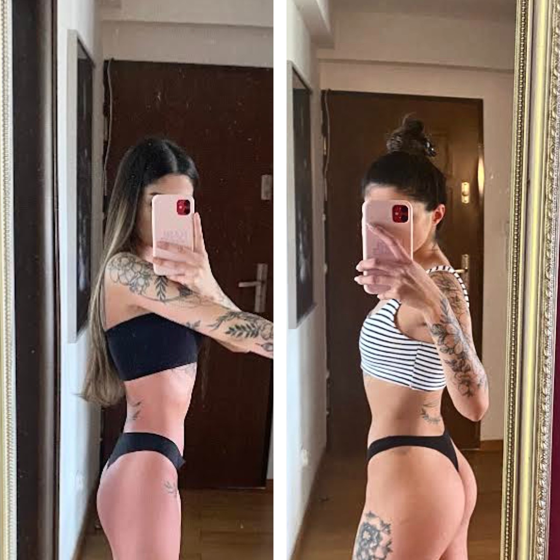 Kobieta z tatuażami pozuje do zdjęcia w lustrze, prezentując zmiany w sylwetce, widoczne są dwie wersje stroju sportowego: czarny i w paski.
