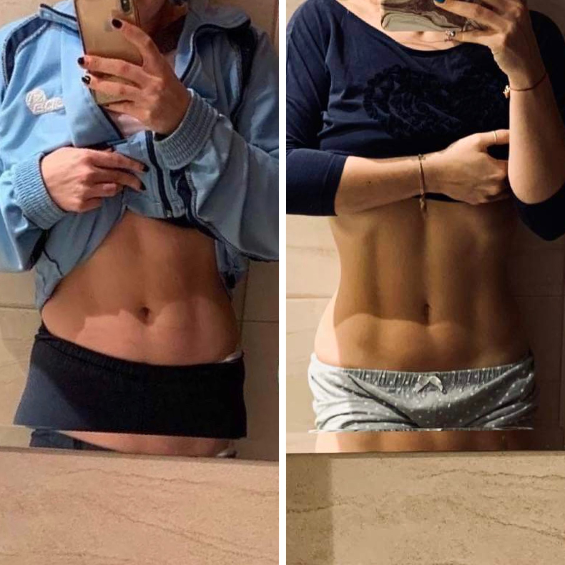 Kolaż przedstawiający metamorfozę sylwetki: brzuch przed i po treningach, widoczne mięśnie, ujęcie z perspektywy osoby trzymającej telefon.