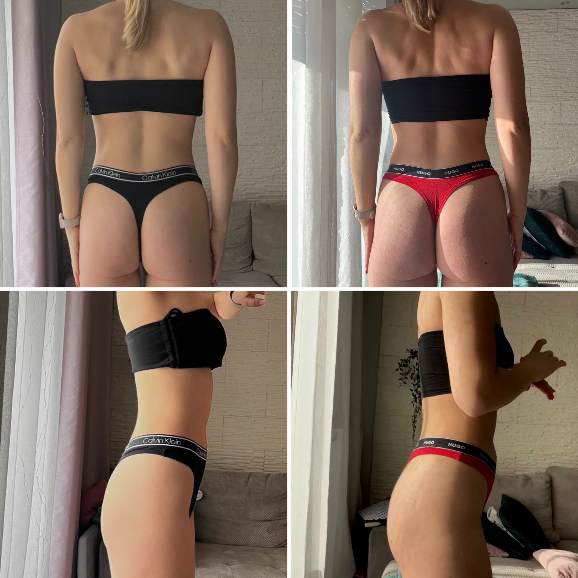 Kolaż przedstawiający metamorfozę sylwetki kobiety: widok z tyłu i z boku przed i po, z różnicą w kolorze bielizny i widocznej jędrności ciała.