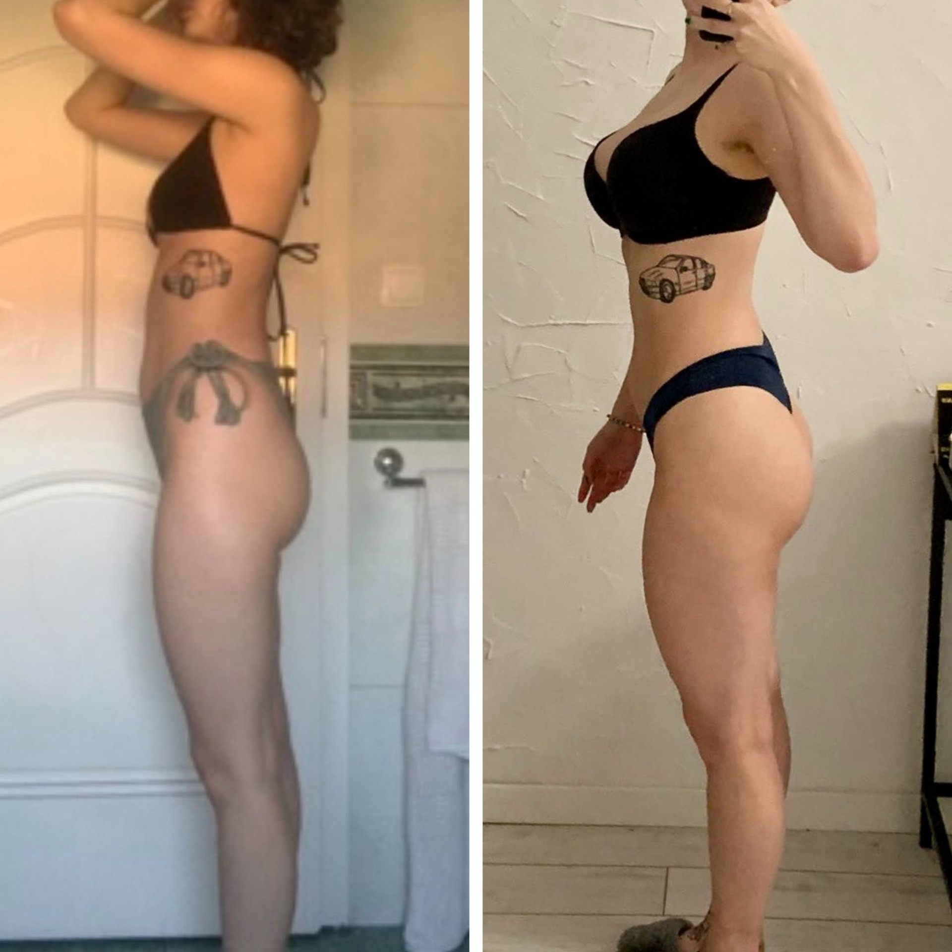 Kolaż przedstawia sylwetkę kobiety w bikini z boku, przed i po, z widoczną różnicą w kształcie ciała i napięciu mięśni, z tatuażem samochodu na żebrach.