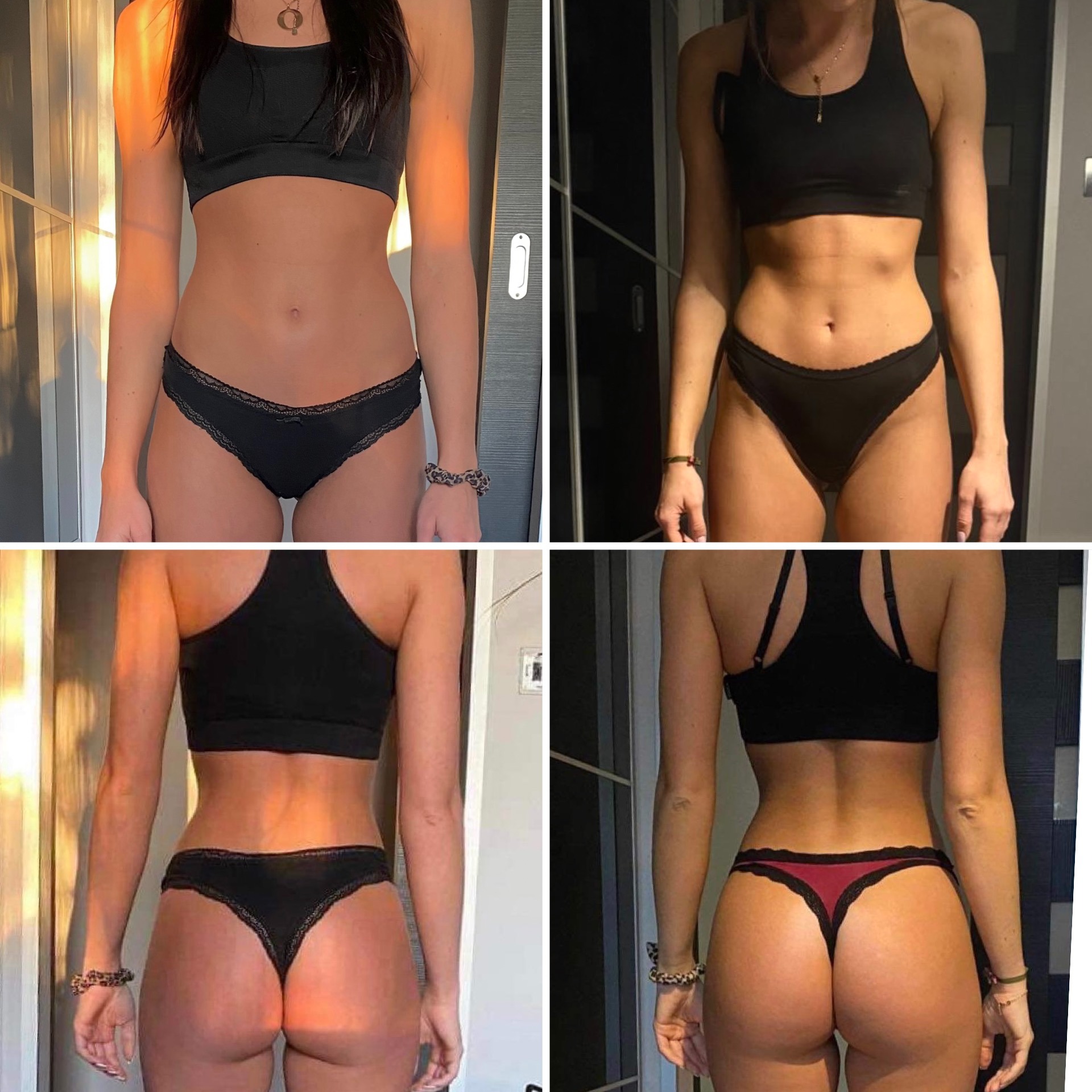 Kolaż zdjęć sylwetki kobiety w bieliźnie sportowej przed i po, widoczne zmiany w kształcie brzucha i pośladków, z uwzględnieniem oświetlenia i kąta ujęcia.