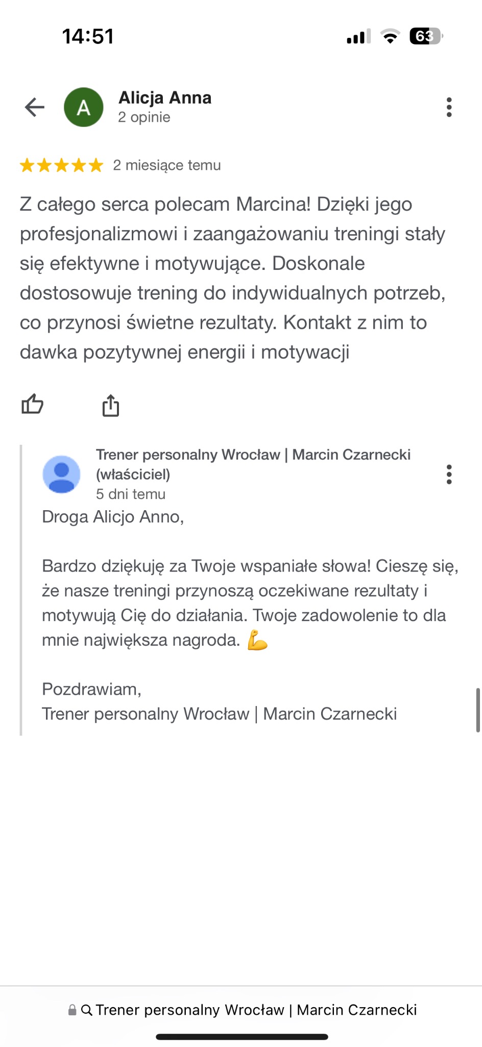 Zrzut ekranu z pozytywną opinią klientki Alicji Anny o trenerze personalnym Marcinie Czarneckim, podkreślający efektywność i motywację treningów oraz osobiste podejście.
