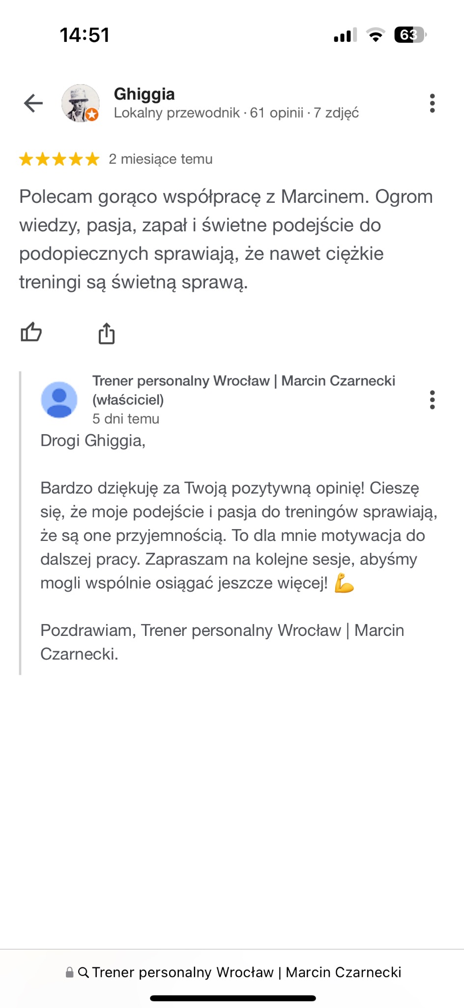 Zrzut ekranu pozytywnej recenzji współpracy z trenerem personalnym Marcinem Czarneckim z Wrocławia, gdzie klient chwali wiedzę, pasję i podejście do podopiecznych.