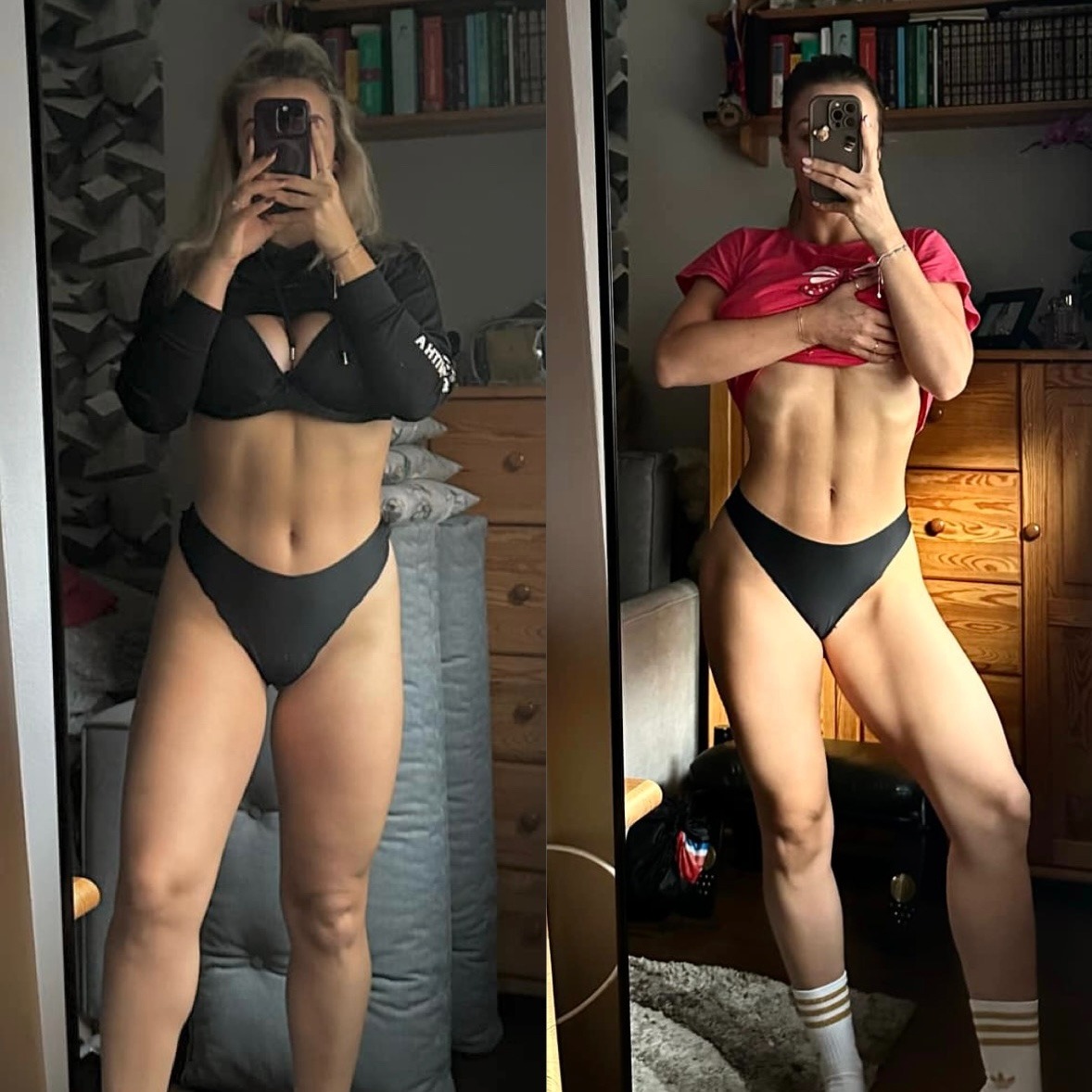 Porównanie sylwetki kobiety przed i po treningu, widoczne zmiany w definicji mięśni brzucha i nóg, selfie w lustrze z telefonem w dłoni.