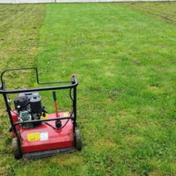 Aerator spalinowy na trawniku, widoczny fragment trawnika po aeracji, z resztkami darni na powierzchni