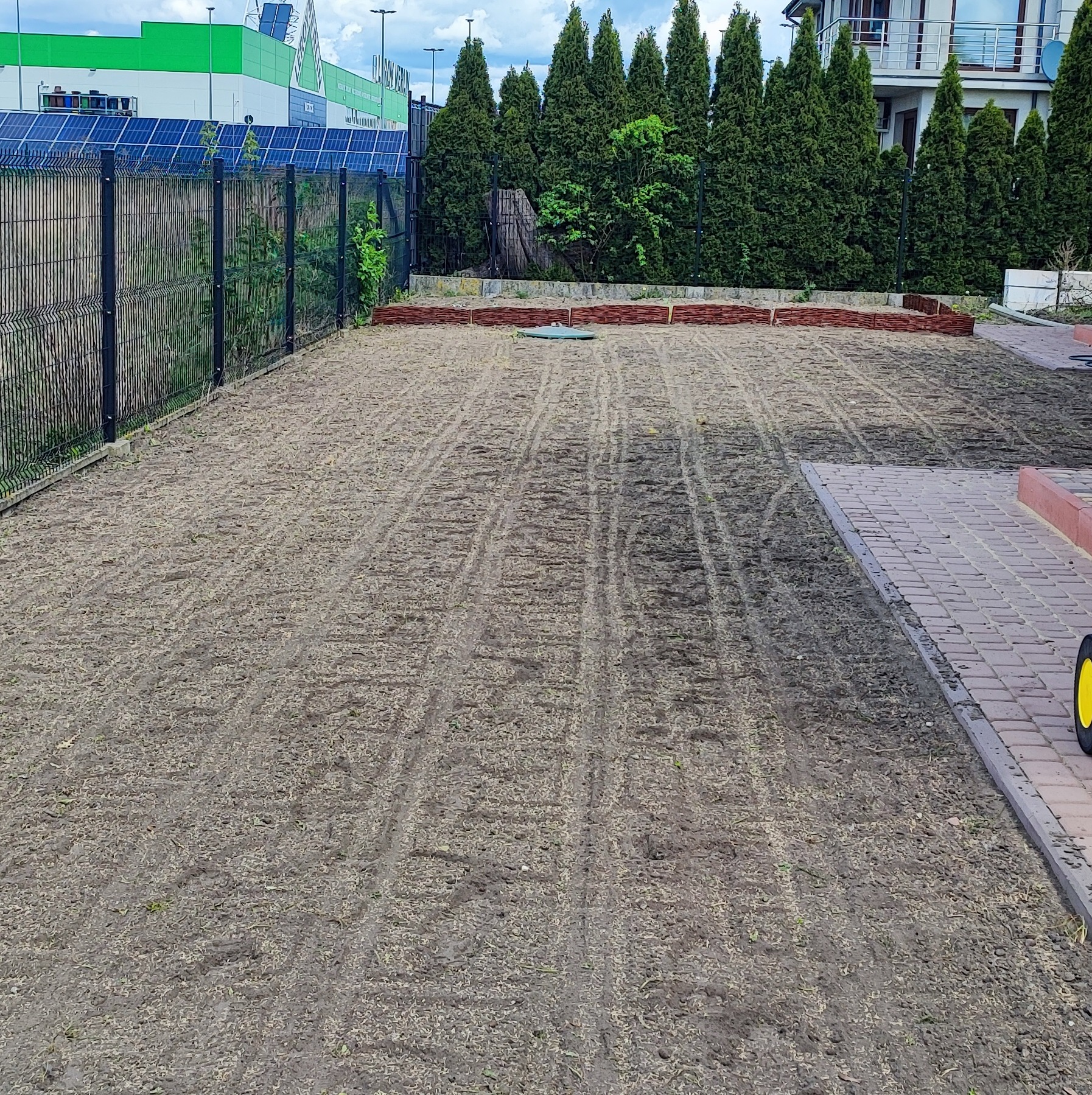 Przygotowany teren pod trawnik z widocznymi śladami po maszynie, ogrodzony siatką i tujami, z budynkiem w tle.