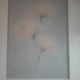 Krzysztof Karna - Dekoracyjna ściana w odcieniach szarości z motywem trzech stylizowanych, półprzezroczystych wachlarzy kwiatowych w kolorze pudrowego różu, otoczona białą ramą z widocznymi kablami w prawym górnym...