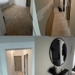 Art.Bud - Cztery kadry przedstawiające remont mieszkania: pokój z przygotowaną podłogą, korytarz w trakcie szpachlowania, korytarz z folią ochronną na podłodze i wałkiem do malowania, oraz korytarz po...