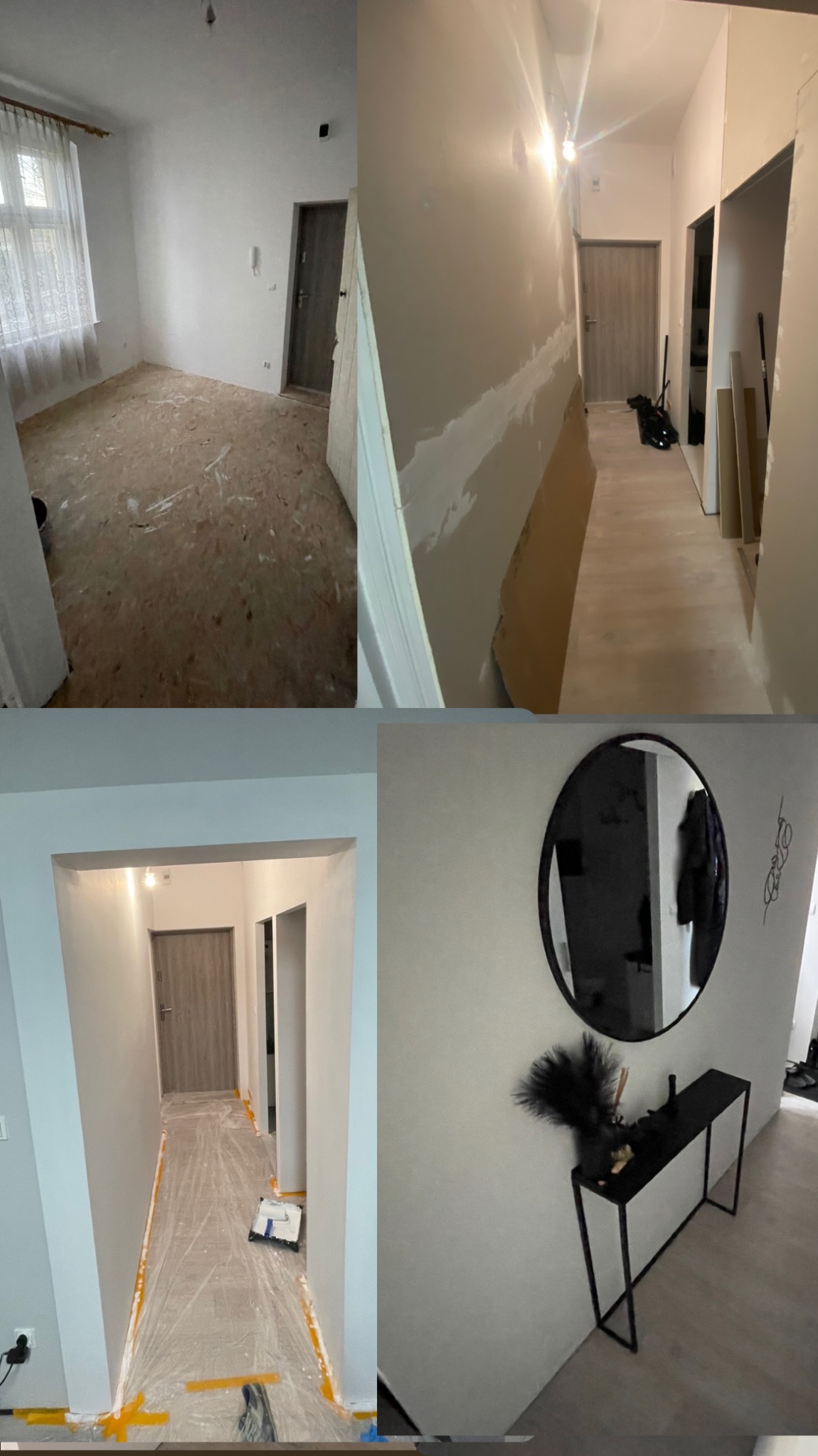 Cztery kadry przedstawiające remont mieszkania: pokój z przygotowaną podłogą, korytarz w trakcie szpachlowania, korytarz z folią ochronną na podłodze i wałkiem do malowania, oraz korytarz po...