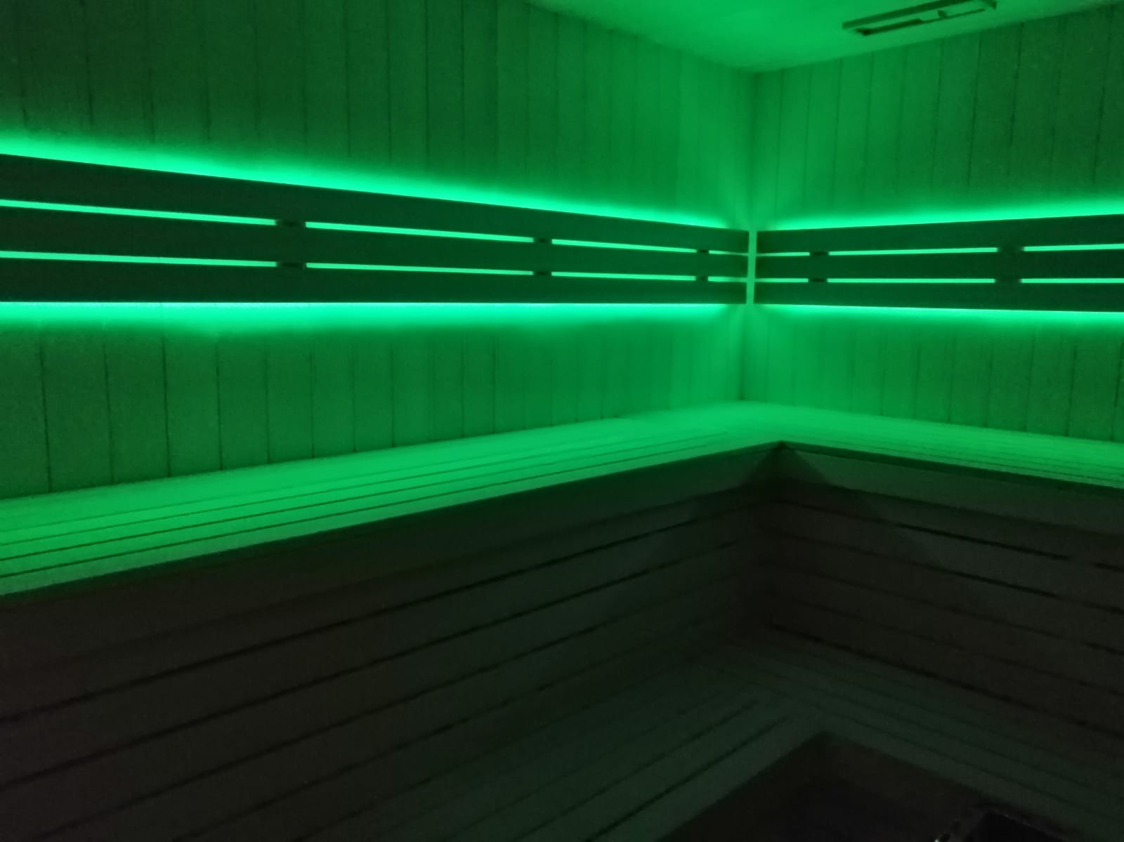 Wnętrze sauny z drewnianymi ławkami i panelami ściennymi, oświetlone zielonymi listwami LED, tworzące relaksującą atmosferę. Widok z perspektywy wnętrza.