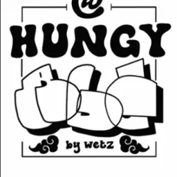 Czarno-białe logo 'Hungy' z symbolem @ nad napisem i stylizowanymi elementami graffiti poniżej, autorstwa 'wetz'.