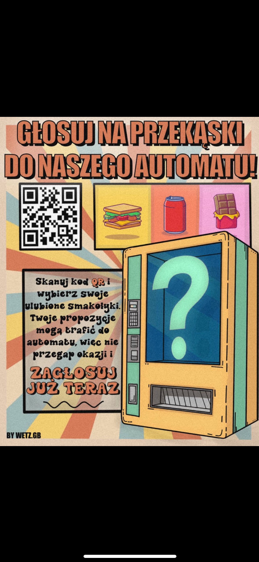 Ilustracja automatu z przekąskami z pytajnikiem, zachęcająca do głosowania na ulubione smakołyki poprzez zeskanowanie kodu QR.