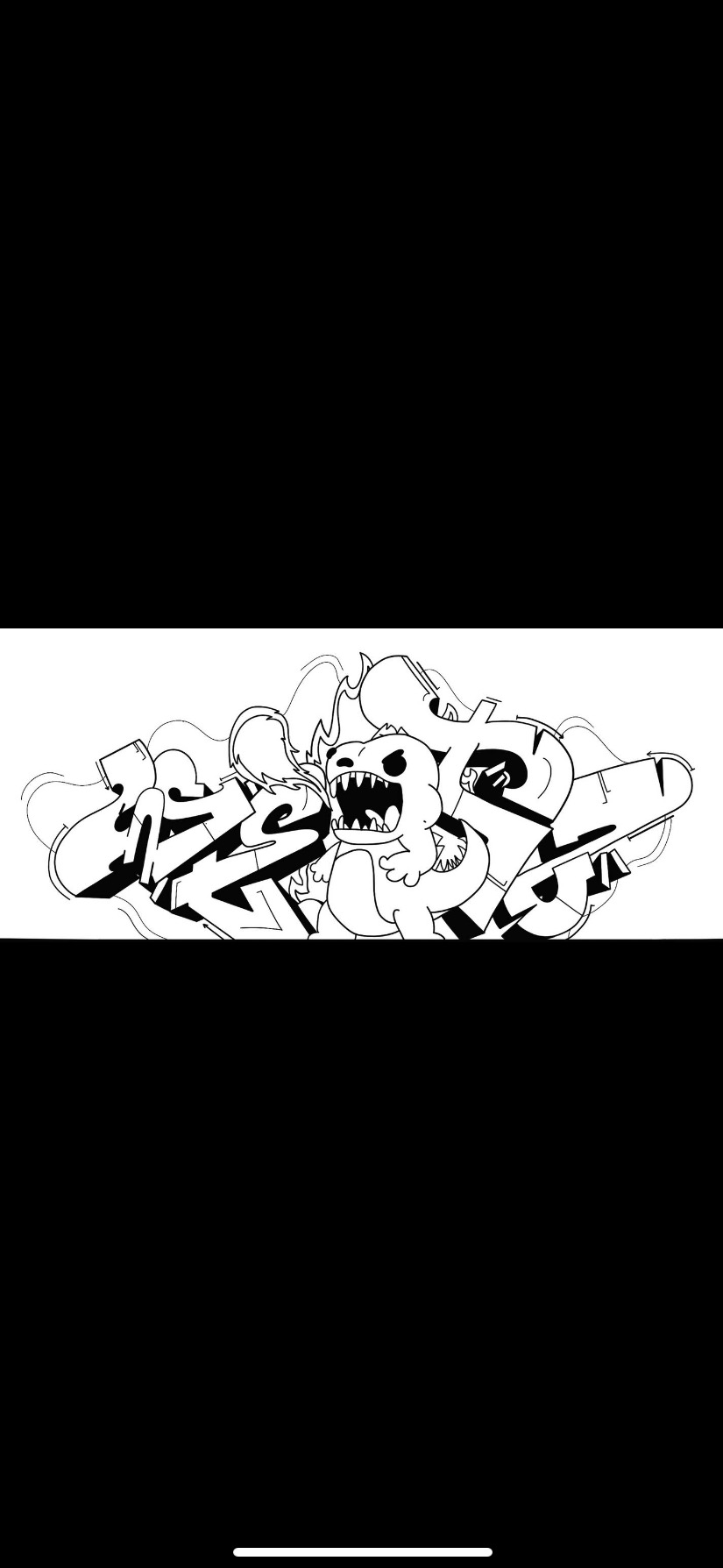 Czarno-biały rysunek przedstawiający graffiti z motywem dinozaura z otwartą paszczą, wykonany w stylu cartoon.