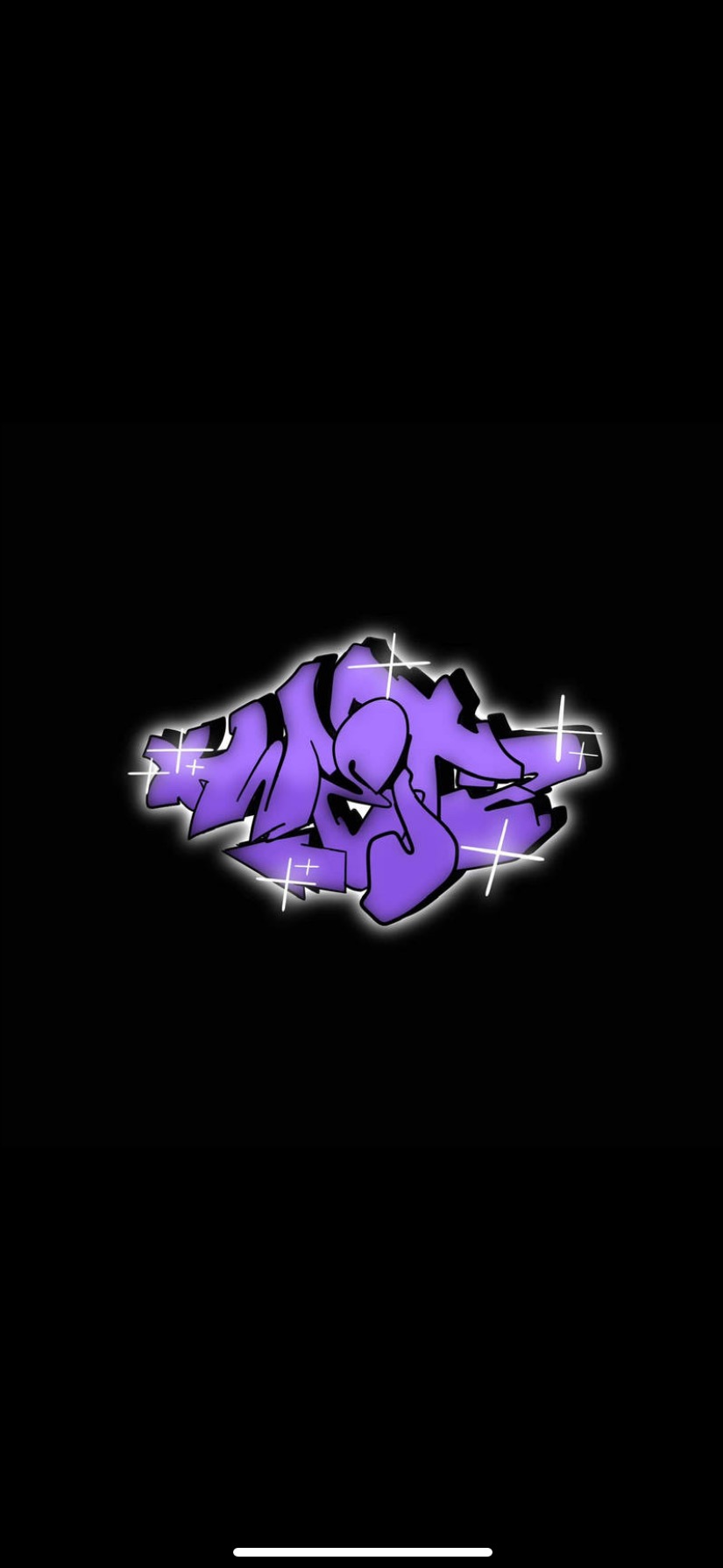 Fioletowy, abstrakcyjny napis w stylu graffiti z białymi akcentami na czarnym tle.